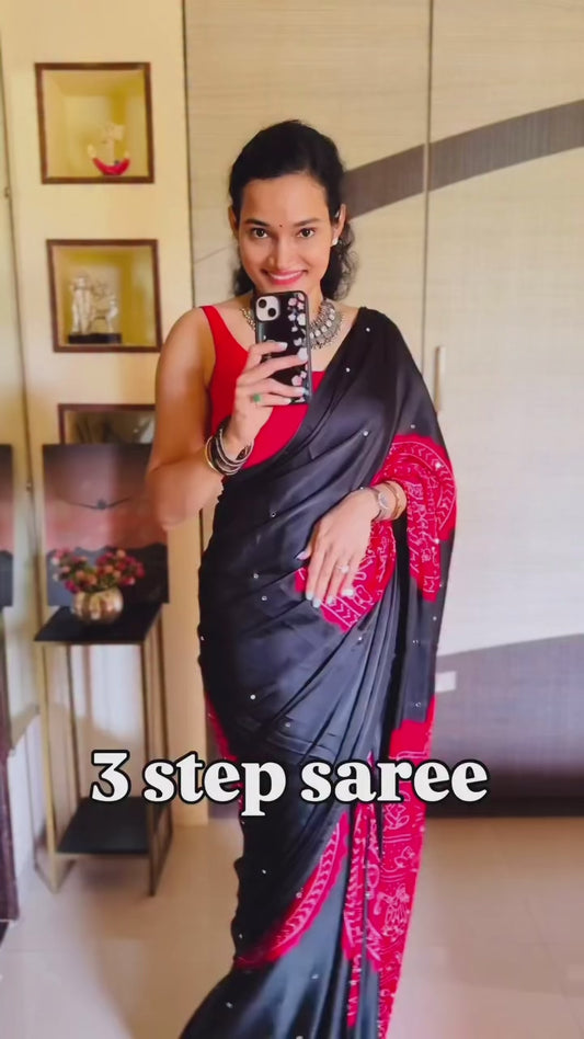 Black & Red Mirror Crepe Silk Ready To Wear/Easy Saree