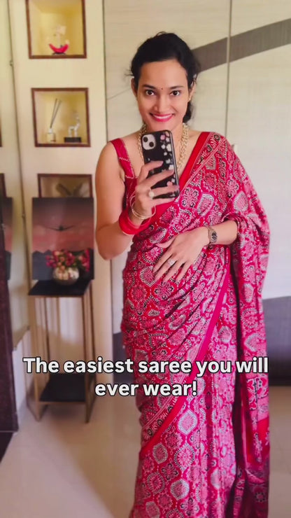 Dark Red Ajrakh Crepe Silk Ready To Wear/Easy Saree
