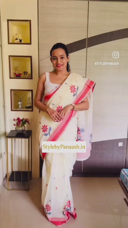 Off White Color Resham Woven Cotton Office Wear Easy/Readymade Saree