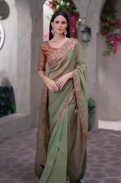 Olive Green Cocktail Party Wear Readymade Saree