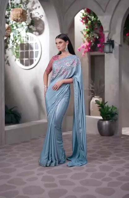 Pastel Blue Cocktail Party Wear Readymade Saree