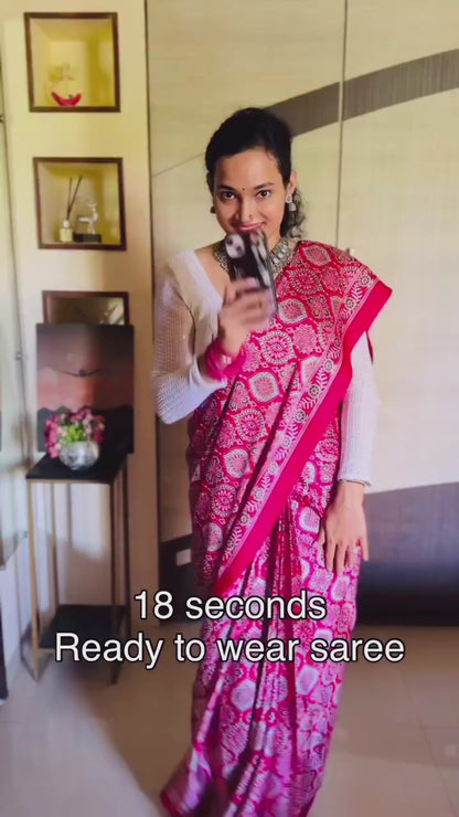 Deep Pink Ajrakh Crepe Silk Ready To Wear/Easy Saree