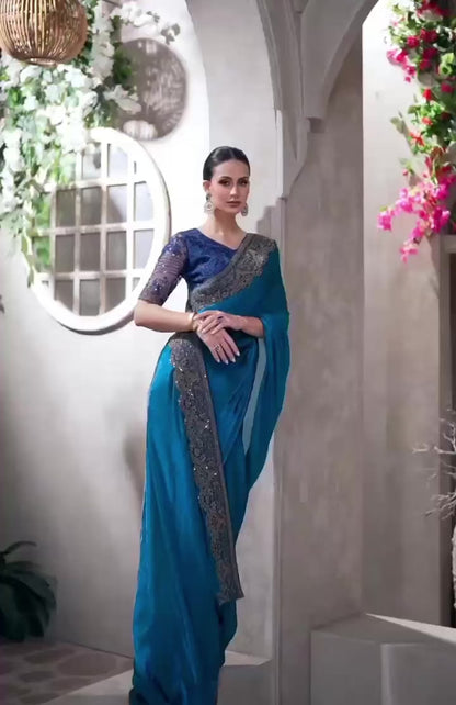 Blue Cocktail Party Wear Readymade Saree
