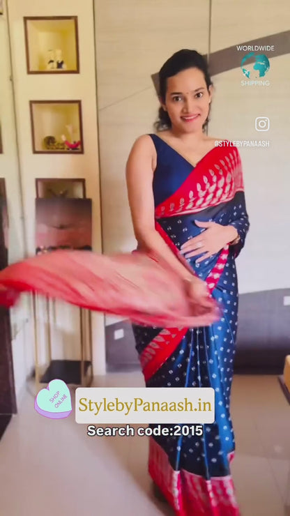 Blue & Red Readymade Crepe Silk Saree