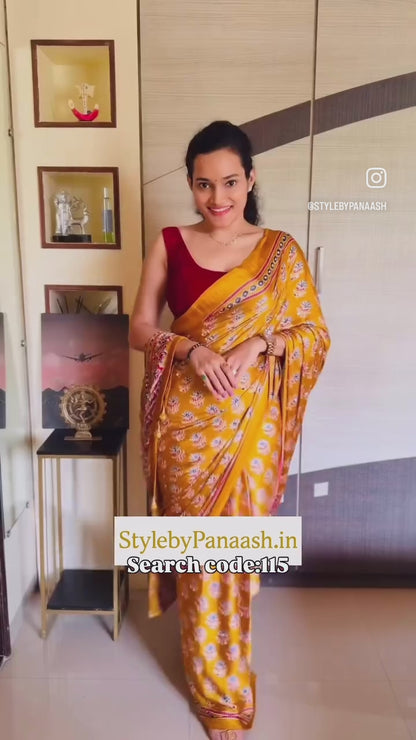 Yellow Mirror Crepe Silk Ready To Wear/Easy Saree