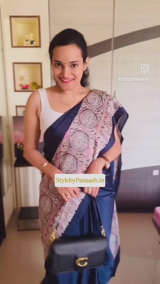 Navy Blue Crepe Silk Readymade Saree