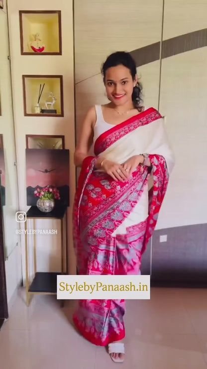Cream & Red Crepe Silk Ready To Wear/Easy Saree