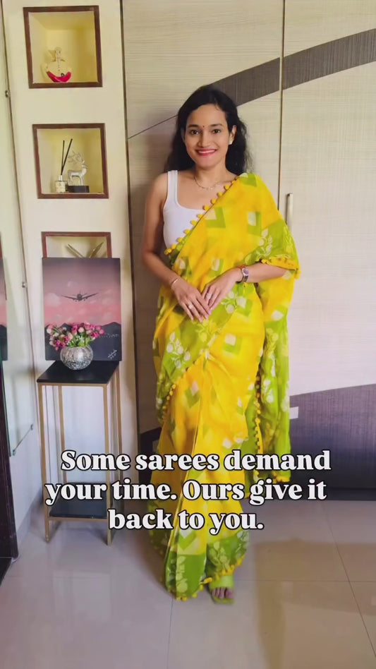 Yellow Mul Cotton Ready To Wear/Easy Saree