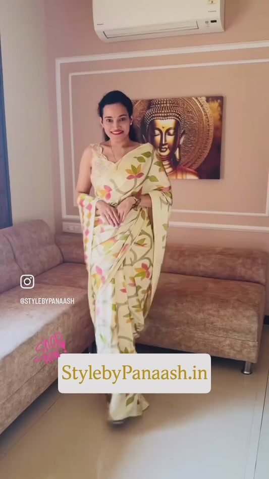 Off-White Crepe Silk Readymade/Easy Saree