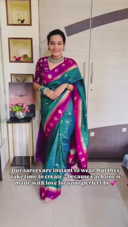 Dark Green Banarasi Silk Readymade/Easy Saree
