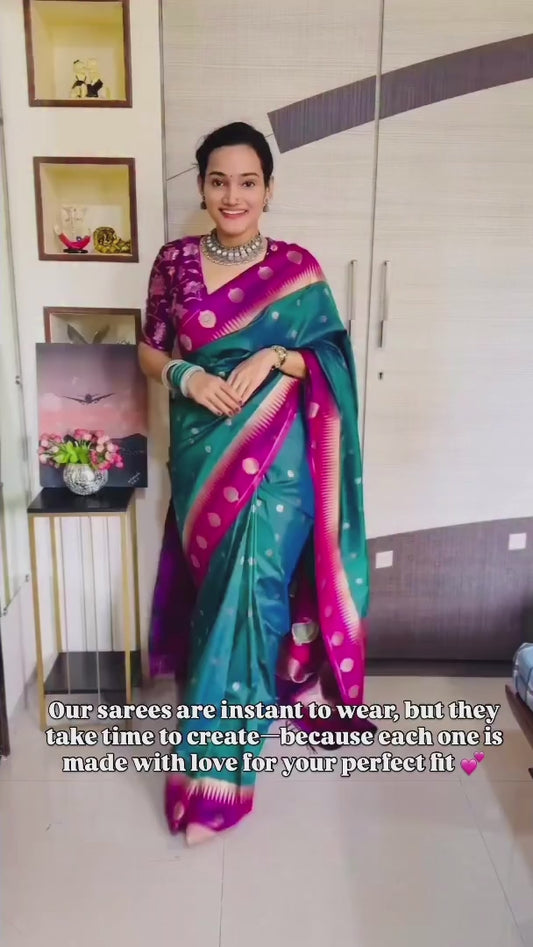 Dark Green Banarasi Silk Readymade/Easy Saree