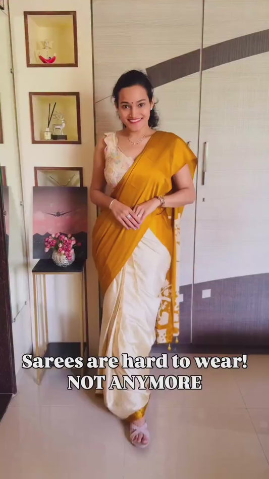 Mustard Yellow Crepe Silk Ready To Wear/Easy Saree