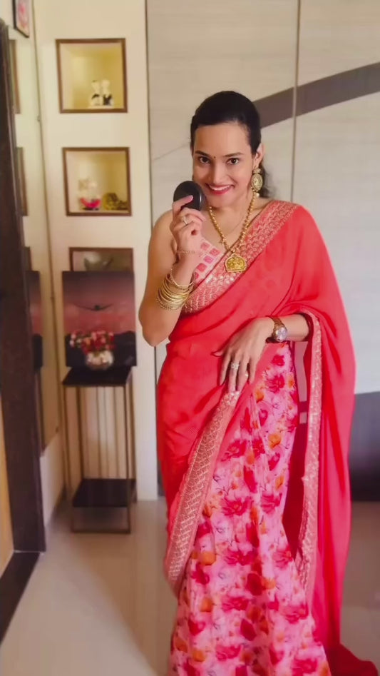 Peach Georgette Readymade/Easy Saree