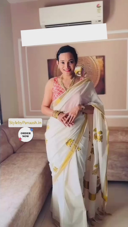 Kerala Mul Cotton Kasavu Easy/Readymade Saree