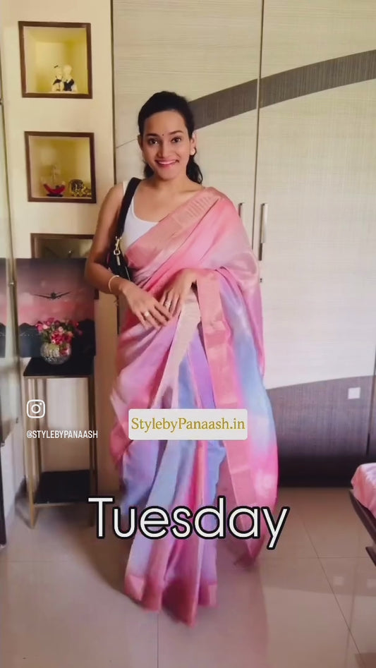 Light Pink Tone Digital Print Silk Readymade/Easy Saree