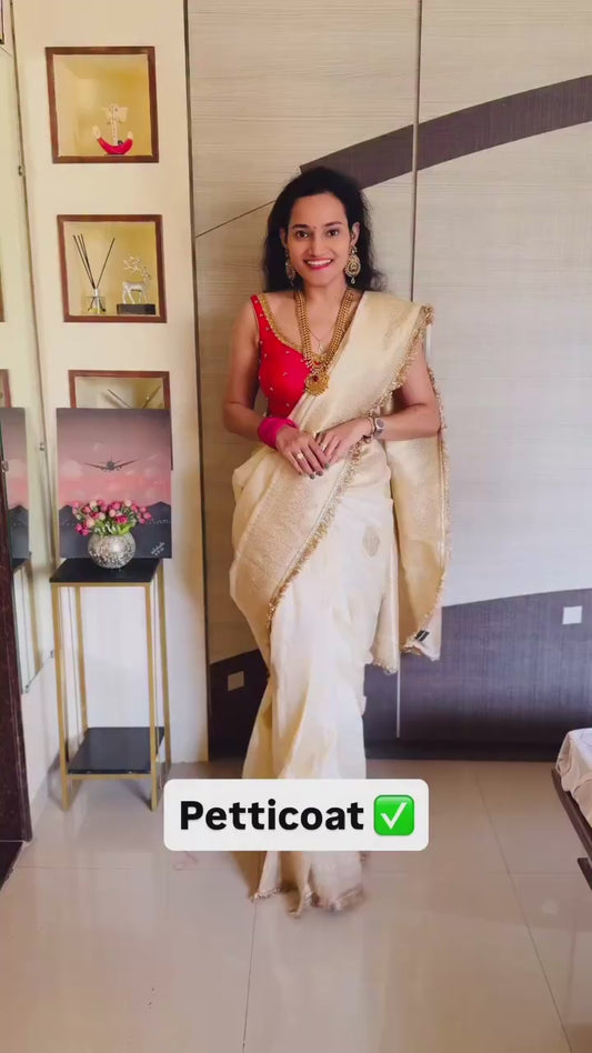 Ivory Banarasi Silk Ready To Wear/Easy Saree