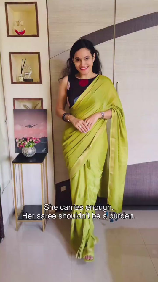 Green Mul Cotton Ready To Wear/Easy Saree