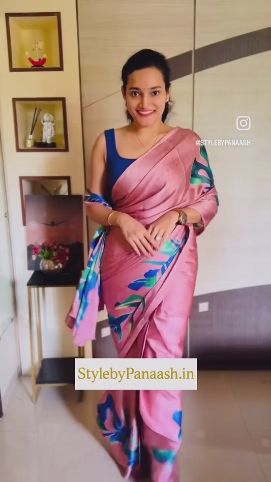 Dusty Pink Tropical Leaf Print Crepe Silk Easy Saree