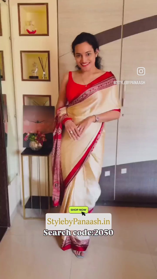 Cream & Red Crepe Silk Ready To Wear/Easy Saree