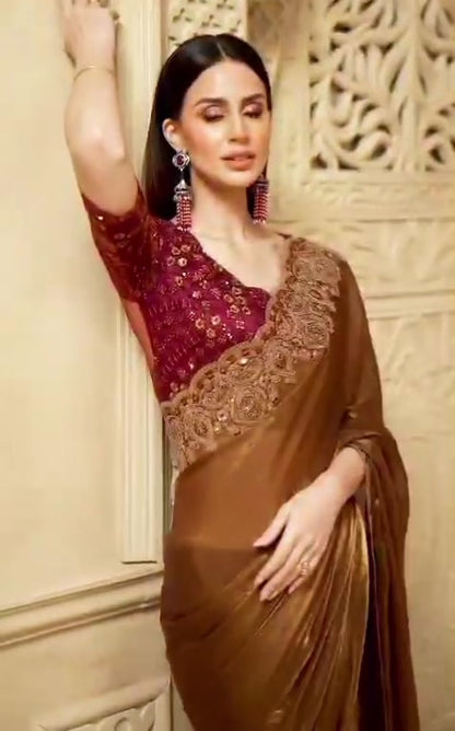 Bright Golden Cocktail Party Wear Readymade Saree