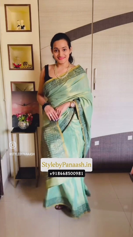 Green Linen Tissue Readymade/Easy Saree