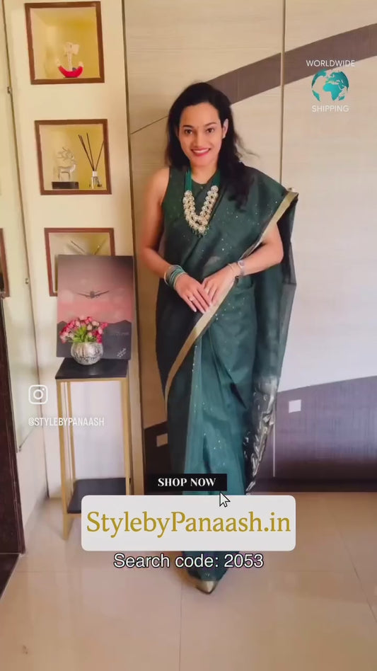 Green Munga Silk Ready To Wear/Easy Saree