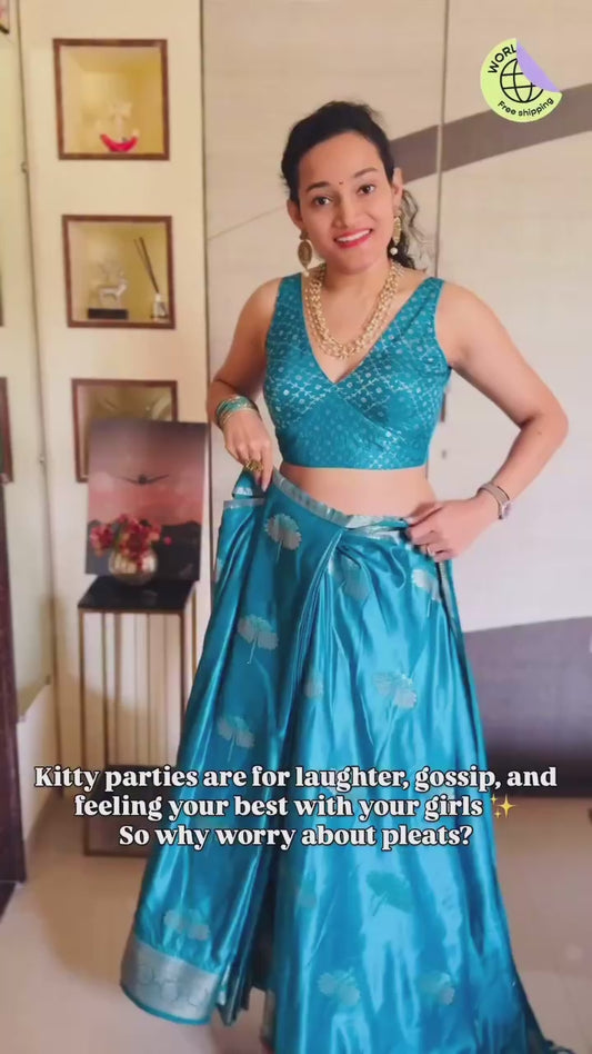 Teal Green Satin Silk Ready To Wear/Easy Saree