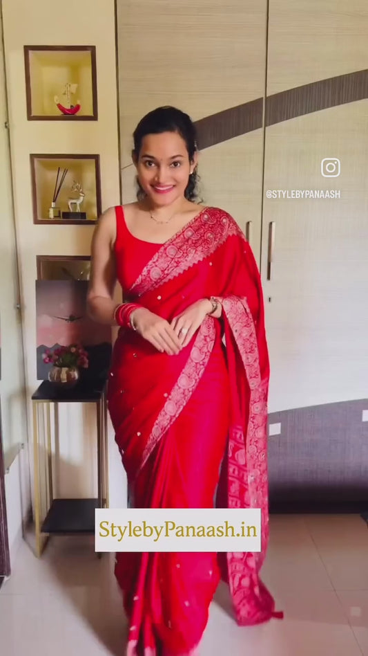 Red Mirror Ajrakh Crepe Ready To Wear/Easy Saree