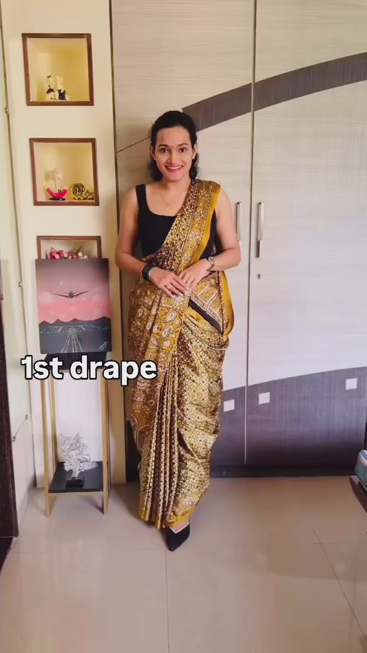 Yellow Ajrakh Office Wear Crepe Silk Easy/Readymade Saree