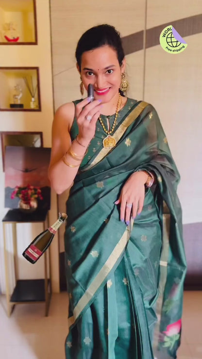 Dark Green Cotton Ready To Wear/Easy Saree