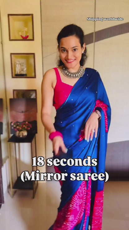 Royal Blue & Pink Mirror Crepe Silk Ready To Wear/Easy Saree