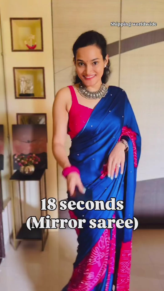 Royal Blue & Pink Mirror Crepe Silk Ready To Wear/Easy Saree