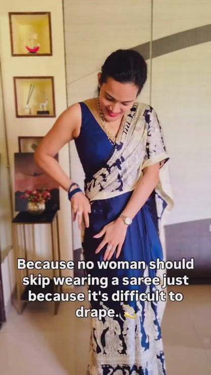 Navy Blue & Beige Crepe Silk Ready To Wear/Easy Saree