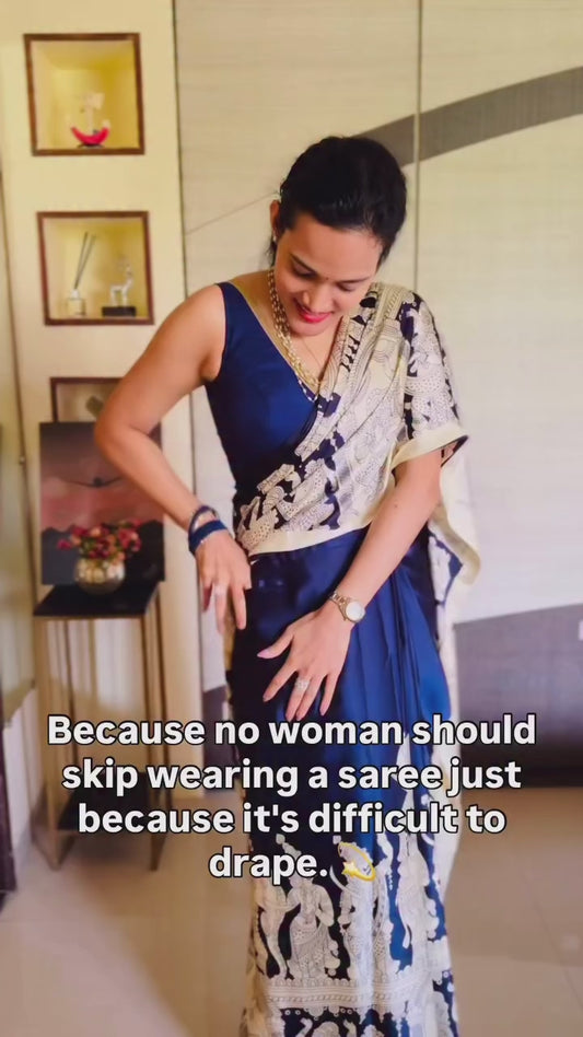 Navy Blue & Beige Crepe Silk Ready To Wear/Easy Saree