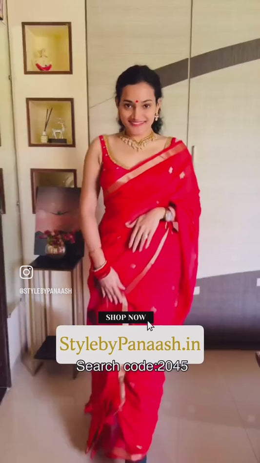 Red Cotton Ready To Wear/Easy Saree