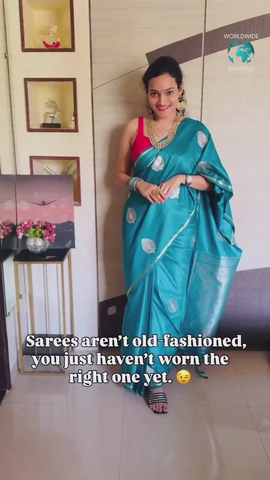 Teal Blue Satin Silk Ready To Wear/Easy Saree
