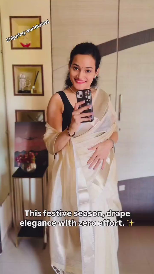 Off White Silk Ready To Wear/Easy Saree