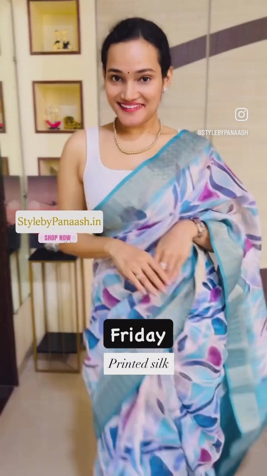Blue Color Printed Soft Silk Readymade/Easy Saree