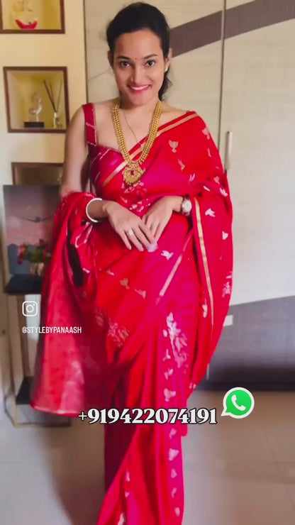 Red Satin Silk Ready To Wear/Easy Saree