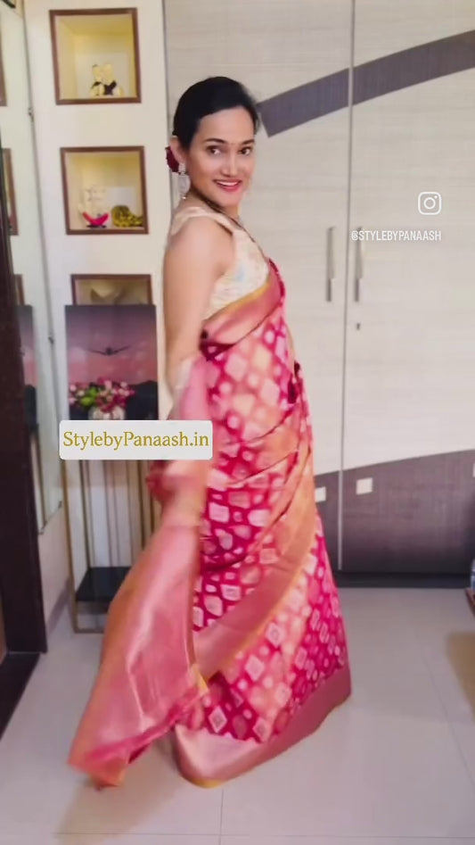 Pink Tissue Silk Readymade/Easy Saree