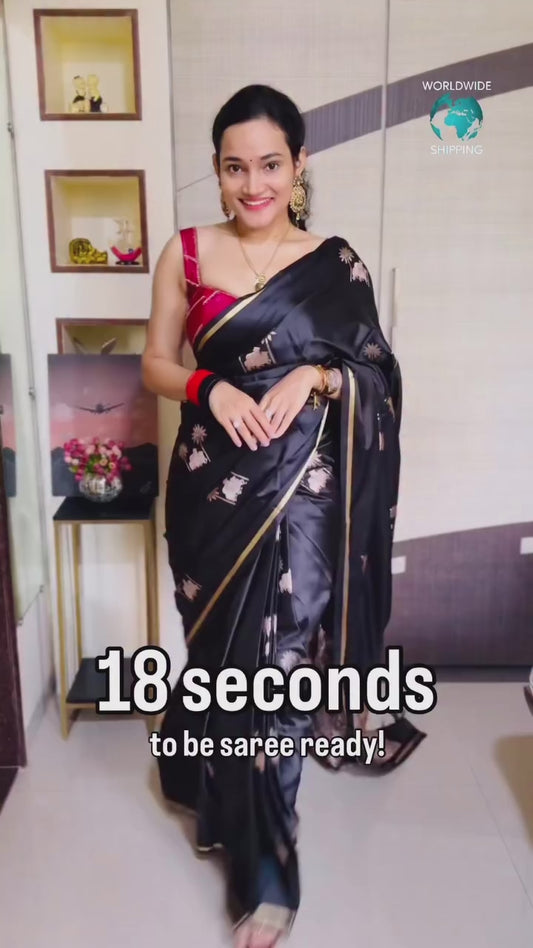Black Color Satin Silk Readymade/Easy Saree