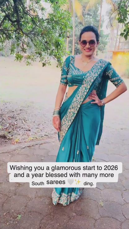 Teal Green Embroidery Silk Readymade/Easy Saree