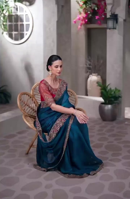 Green Cocktail Party Wear Readymade Saree