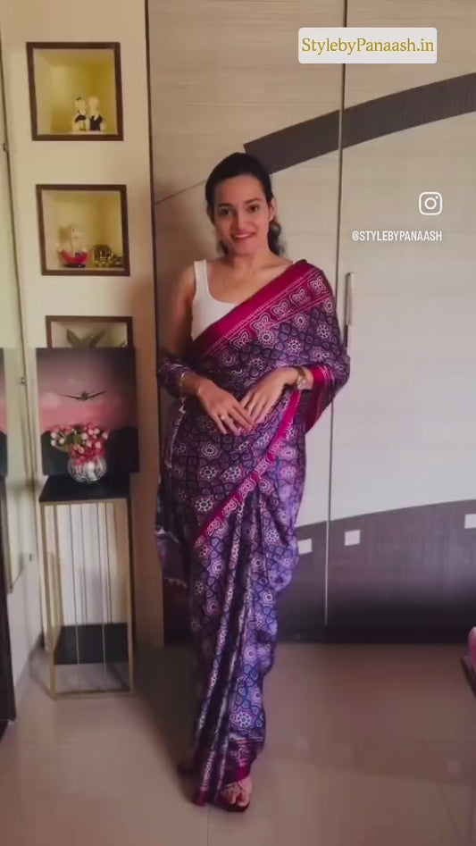 Purple Crepe Calm – Readymade Ajrakh Saree