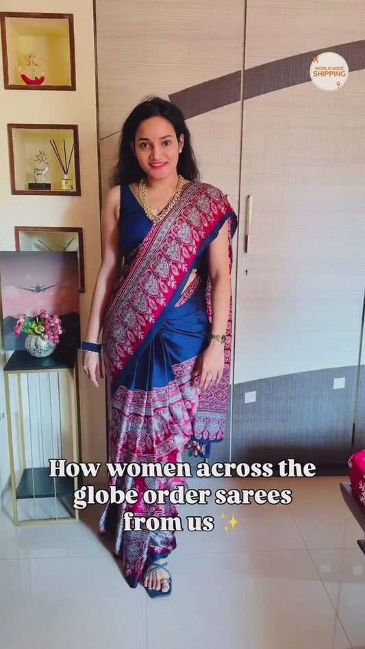 Navy Blue & Maroon Crepe Silk Ready To Wear/Easy Saree