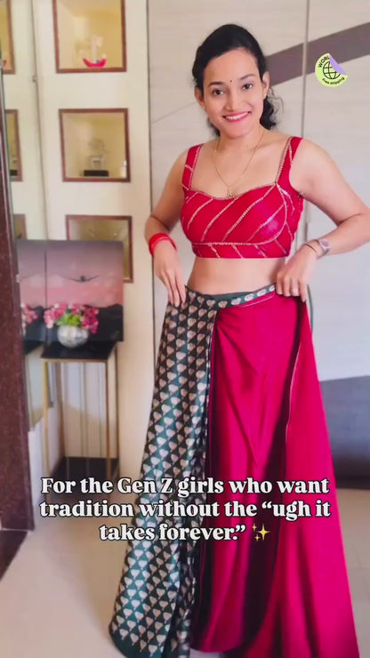Red & Green Crepe Silk Ready To Wear/Easy Saree