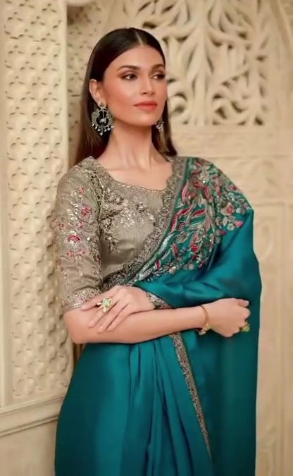 Peacock Color Cocktail Party Wear Readymade Saree