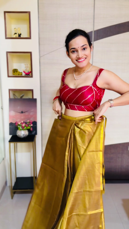 Plain Golden Tissue Silk Readymade/Easy Saree