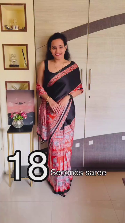 Black & Orange Crepe Silk Readymade/Easy Saree