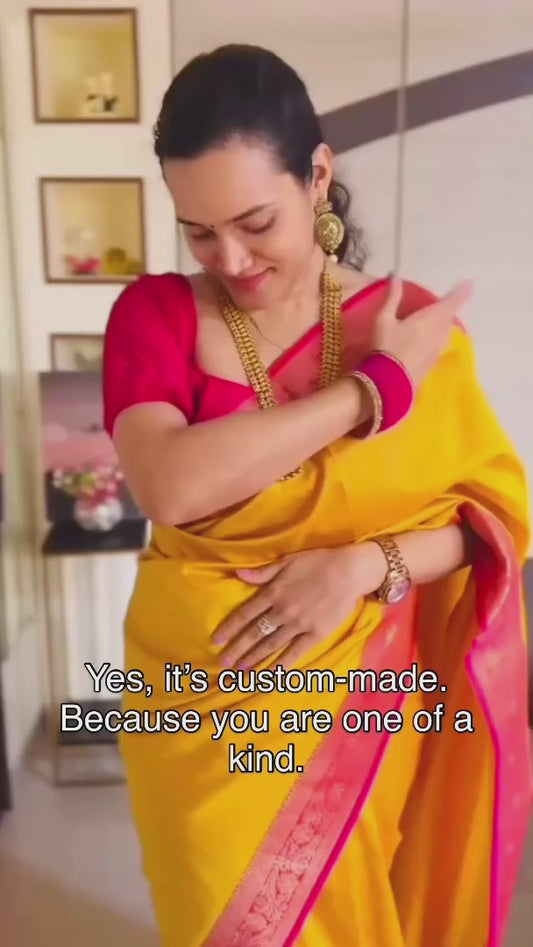 Yellow Plain Banarasi Soft Silk Readymade/Easy Saree